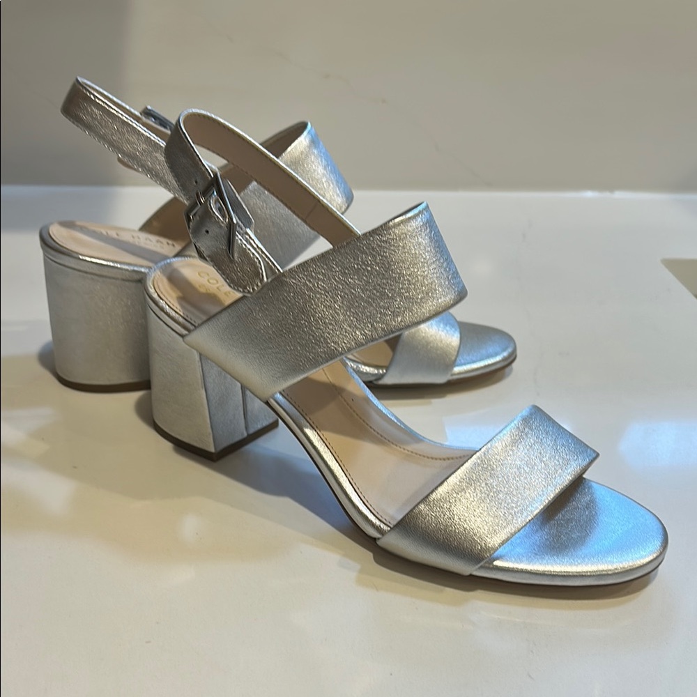 NEW Cole Haan Silver Block Heel Sandals   Size 8